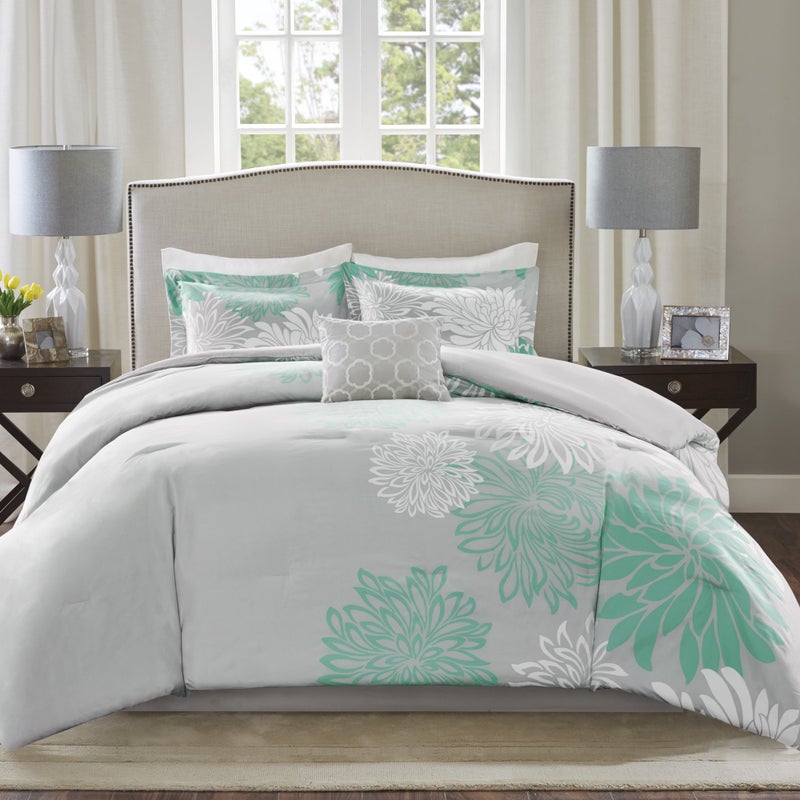 Comfort Spaces Enya Comforter Set-Modern Floral Design All Season Down Alternative Bedding, Matching Shams, Bedskirt, Decorative Pillows, Queen(90"x90"), Aqua - Image 1
